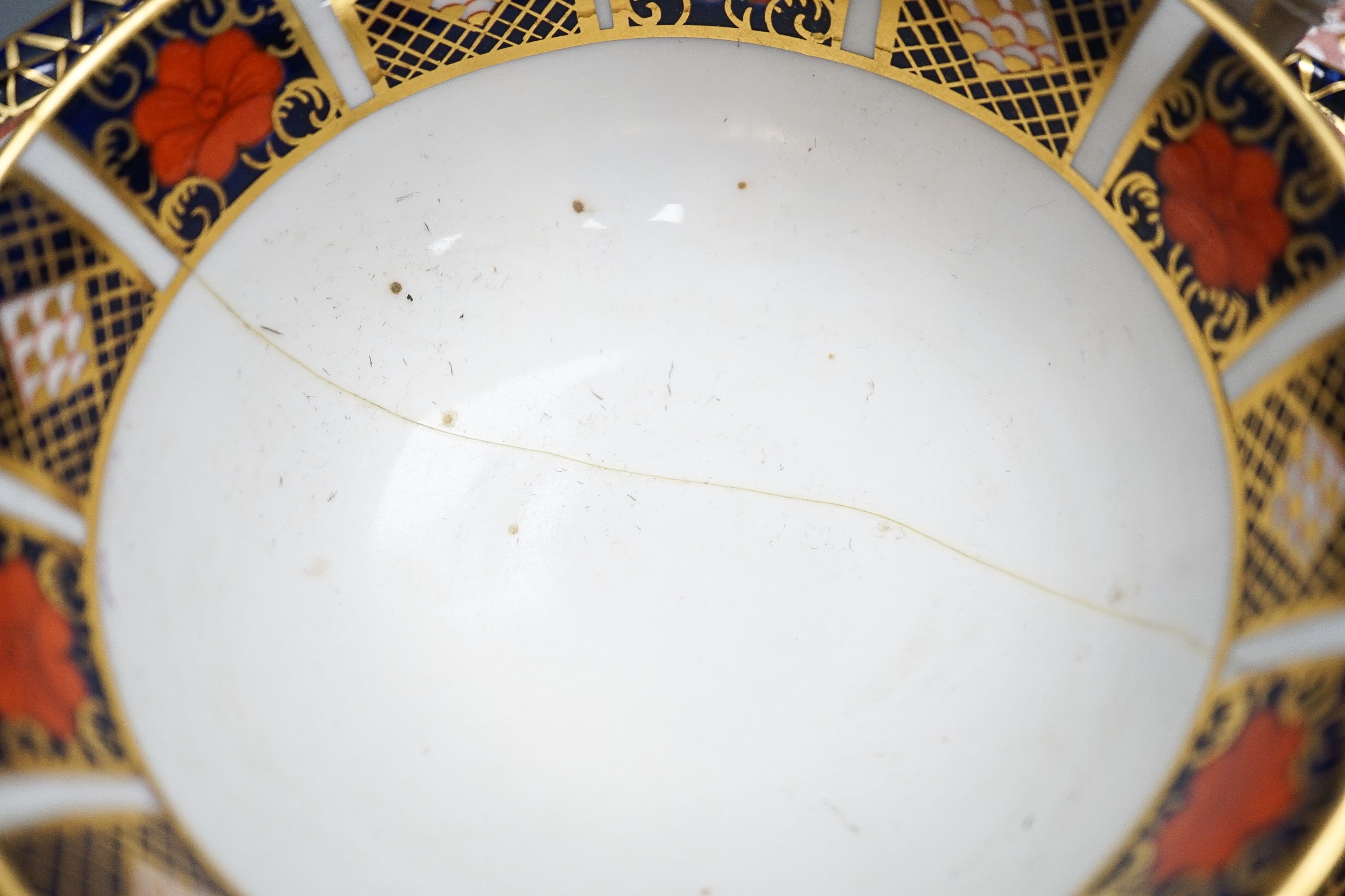Royal Crown Derby tableware, including pair of dinner plates, 26cm, together with a pottery Imari pattern box and cover